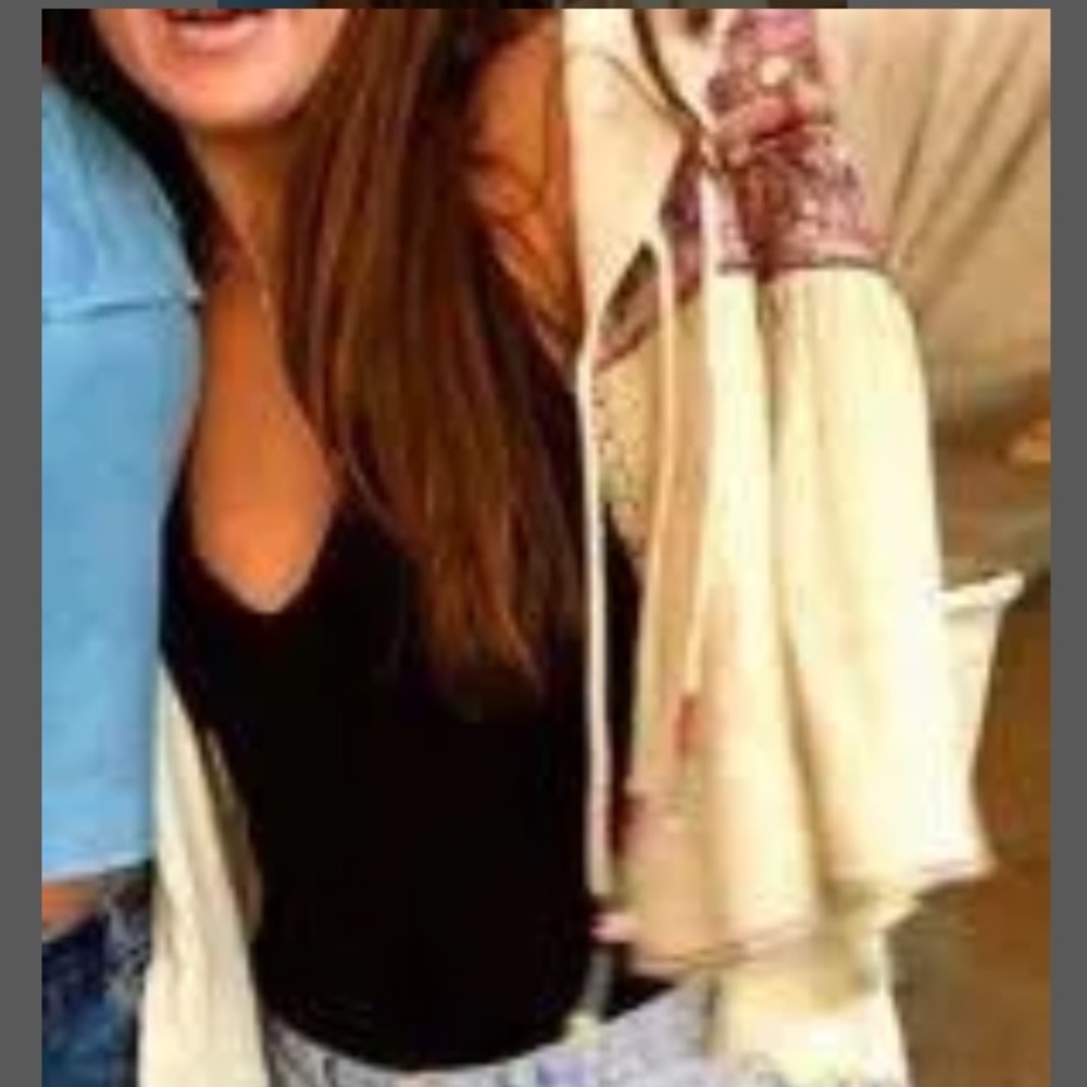 New Free People Hooded Rainbow Embroidered Lg Ivory Tie-Front Jersey Cardigan - Picture 4 of 6